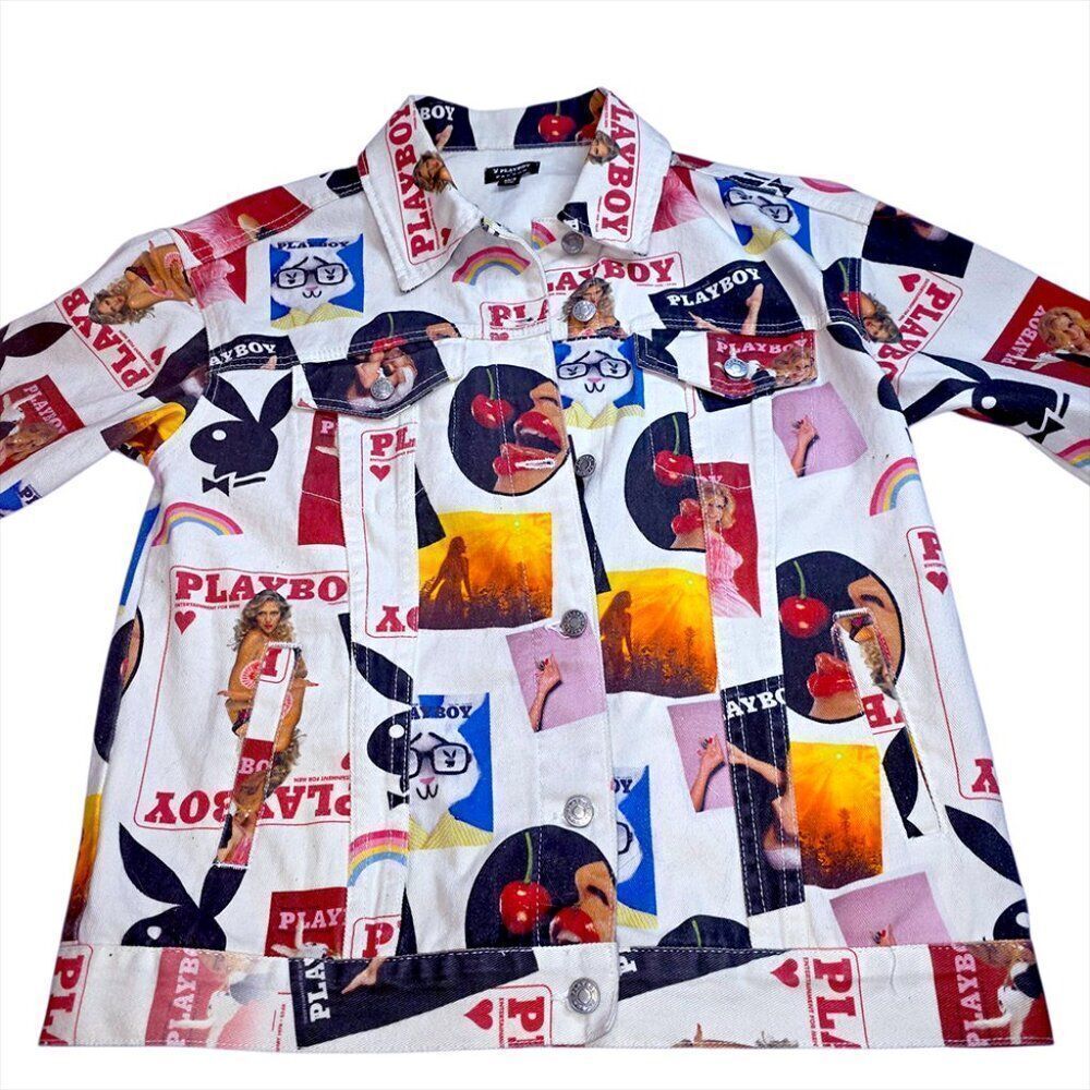 Playboy x PacSun Men’s Small All Over Print Denim Jacket Y2K Collage